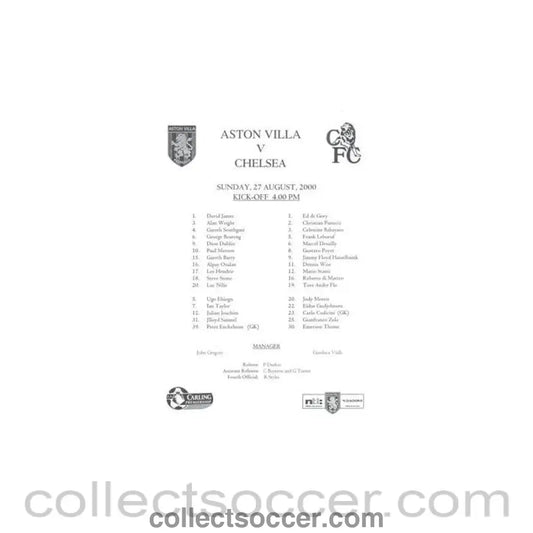 2000 - Aston Villa v Chelsea official teamsheet 27/08/2000 Carling Premiership - Collect Soccer