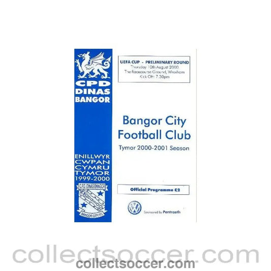 2000 - Bangor v Halmstad official programme 10/08/2000 UEFA Cup - Collect Soccer