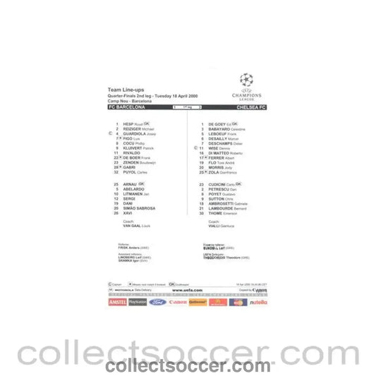 2000 - Barcelona v Chelsea official colour teamsheet 18/04/2000 Champions League