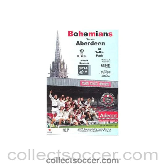 2000 - Bohemians, Wales v Aberdeen official programme 24/08/2000 UEFA Cup - Collect Soccer