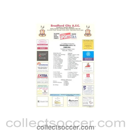 2000 - Bradford City v Chelsea official colour teamsheet 22/08/2000 Carling Premiership - Collect Soccer
