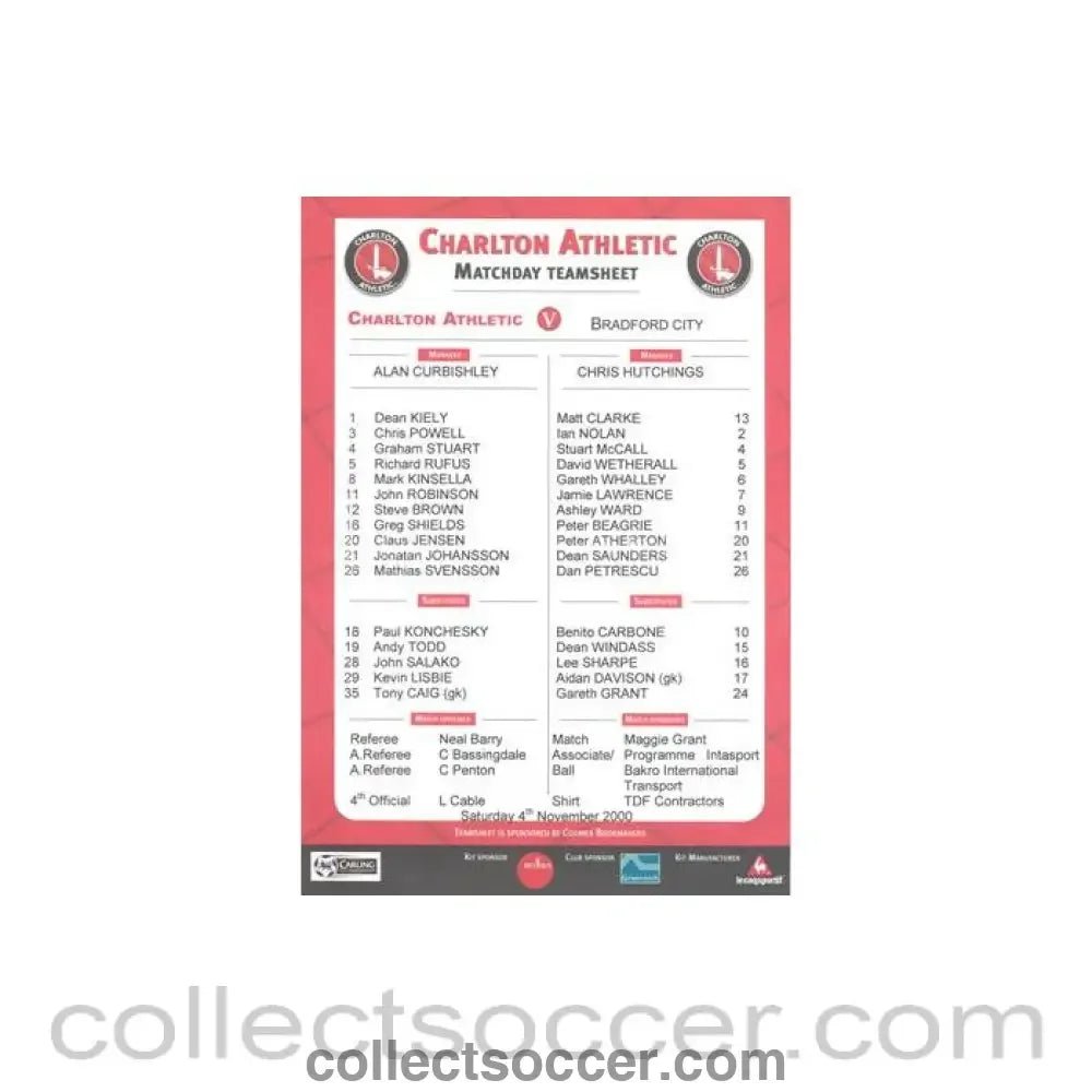 2000 - Charlton Athletic v Bradford City official colour teamsheet 04/11/2000 Premier League - Collect Soccer