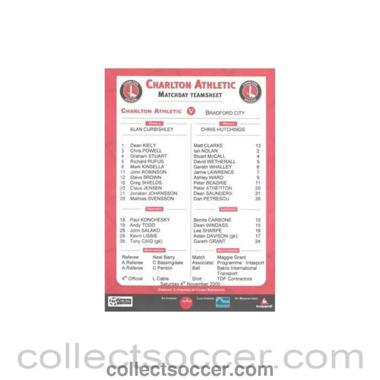 2000 - Charlton Athletic v Bradford City official colour teamsheet 04/11/2000 Premier League - Collect Soccer