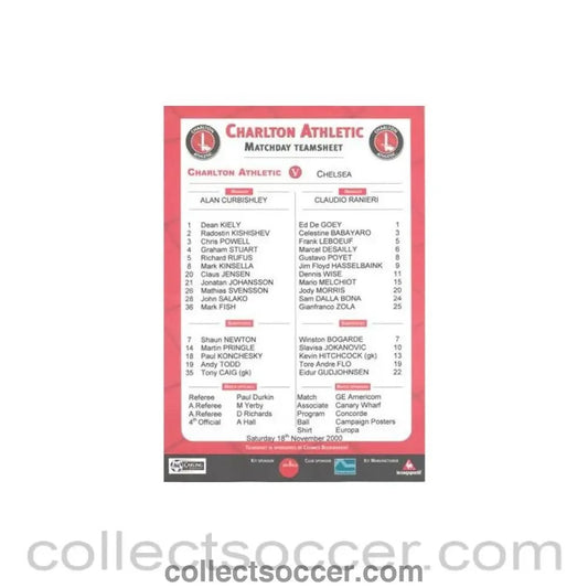 2000 - Charlton Athletic v Chelsea official colour teamsheet 18/11/2000 Premier League - Collect Soccer