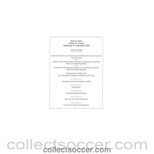 2000 - Chelsea v Arsenal Bentley’s menu 06/09/2000