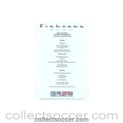 2000 - Chelsea v Arsenal Fishnets menu 06/09/2000 - Collect Soccer