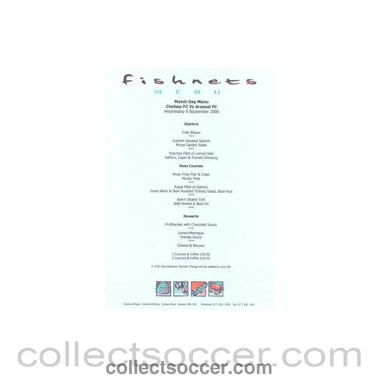 2000 - Chelsea v Arsenal Fishnets menu 06/09/2000