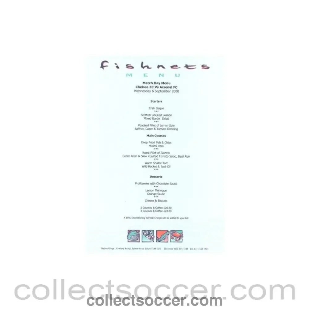 2000 - Chelsea v Arsenal Fishnets menu 06/09/2000 - Collect Soccer