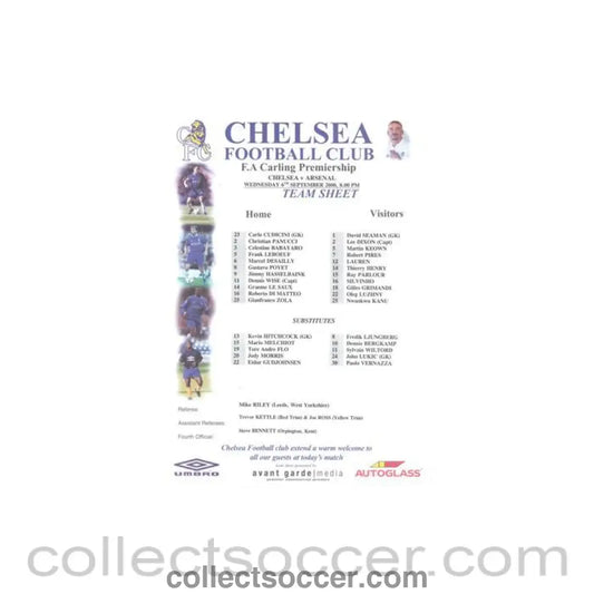 2000 - Chelsea v Arsenal official colour teamsheet 06/09/2000 Carling Premiership - Collect Soccer