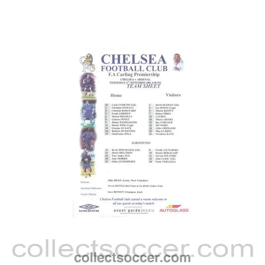 2000 - Chelsea v Arsenal official colour teamsheet 06/09/2000 Premier League