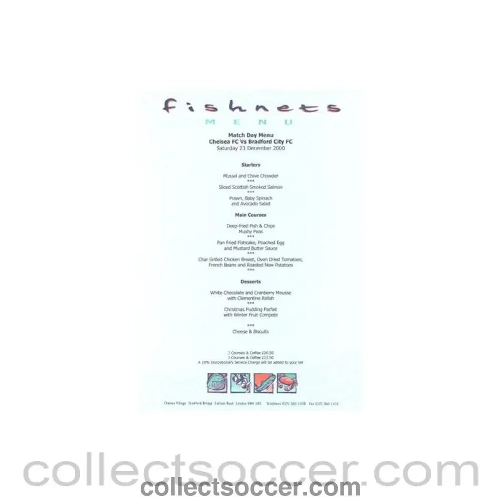 2000 - Chelsea v Bradford City Fishnets menu 23/12/2000 - Collect Soccer