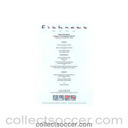 2000 - Chelsea v Bradford City Fishnets menu 23/12/2000 - Collect Soccer
