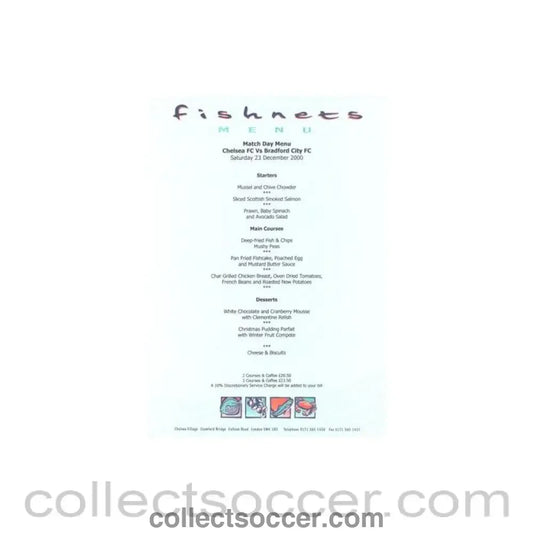 2000 - Chelsea v Bradford City Fishnets menu 23/12/2000