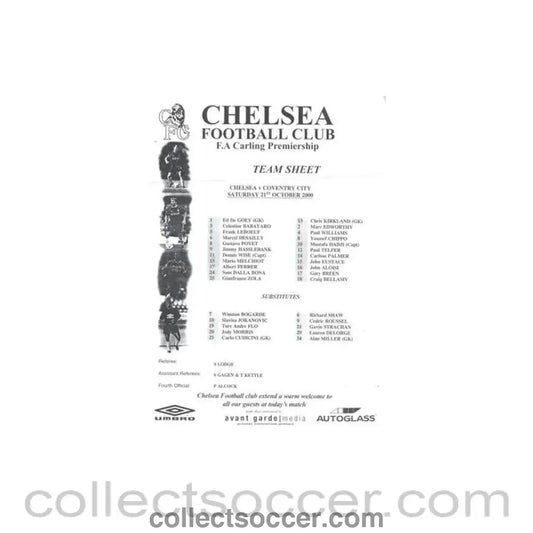2000 - Chelsea v Coventry City official teamsheet 21/10/2000 Premier League - Collect Soccer