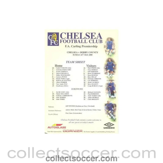 2000 - Chelsea v Derby County official colour teamsheet 14/05/2000 Premier League - Collect Soccer