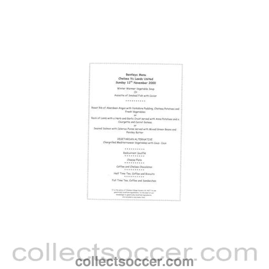 2000 - Chelsea v Leeds United Bentley's menu 12/11/2000 - Collect Soccer