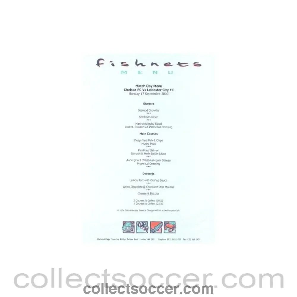 2000 - Chelsea v Leicester City Fishnets menu 17/09/2000 Premier League - Collect Soccer