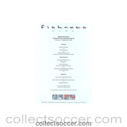 2000 - Chelsea v Leicester City Fishnets menu 17/09/2000 Premier League - Collect Soccer
