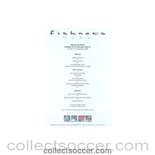 2000 - Chelsea v Leicester City Fishnets menu 17/09/2000 Premier League