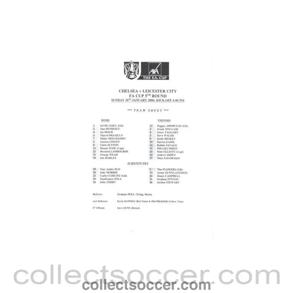 2000 - Chelsea v Leicester City official teamsheet 30/01/2000 F.A. Cup - Collect Soccer