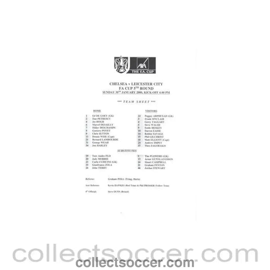 2000 - Chelsea v Leicester City official teamsheet 30/01/2000 F.A. Cup - Collect Soccer