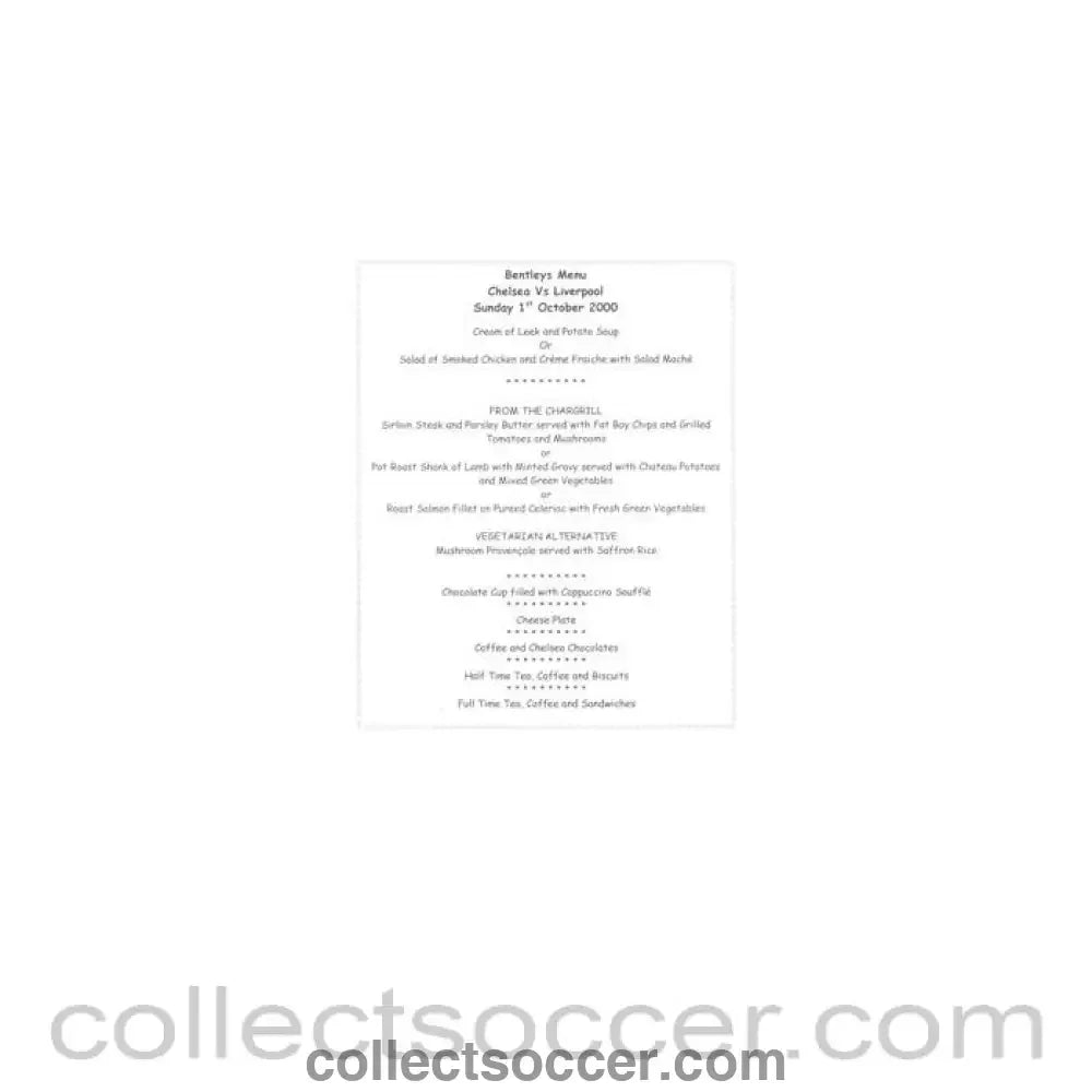 2000 - Chelsea v Liverpool Bentley's menu 01/10/2000 - Collect Soccer