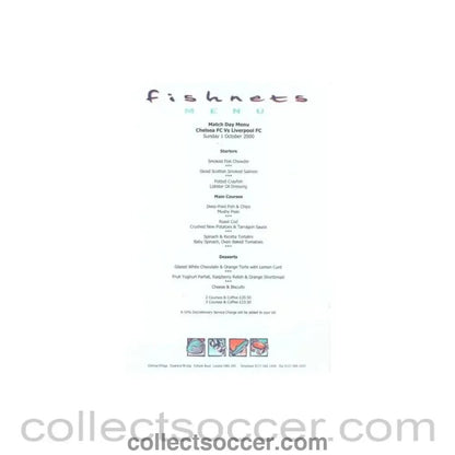 2000 - Chelsea v Liverpool Fishnets menu 01/10/2000 - Collect Soccer