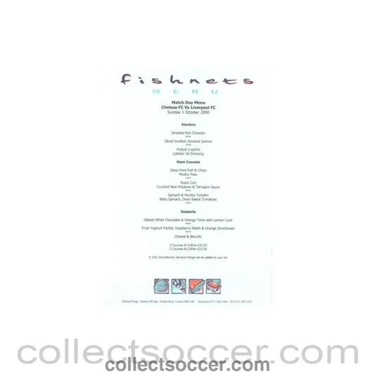 2000 - Chelsea v Liverpool Fishnets menu 01/10/2000