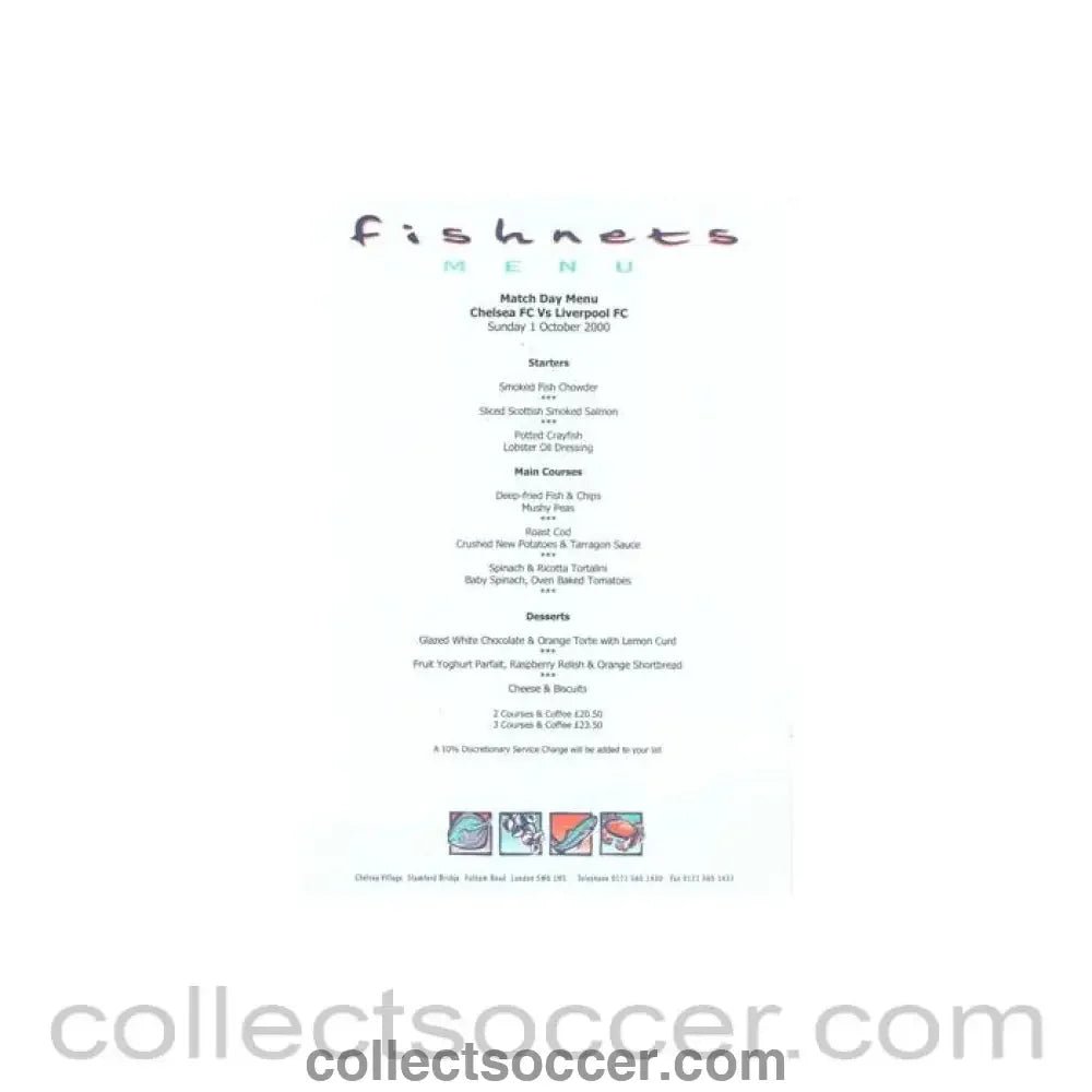 2000 - Chelsea v Liverpool Fishnets menu 01/10/2000 - Collect Soccer