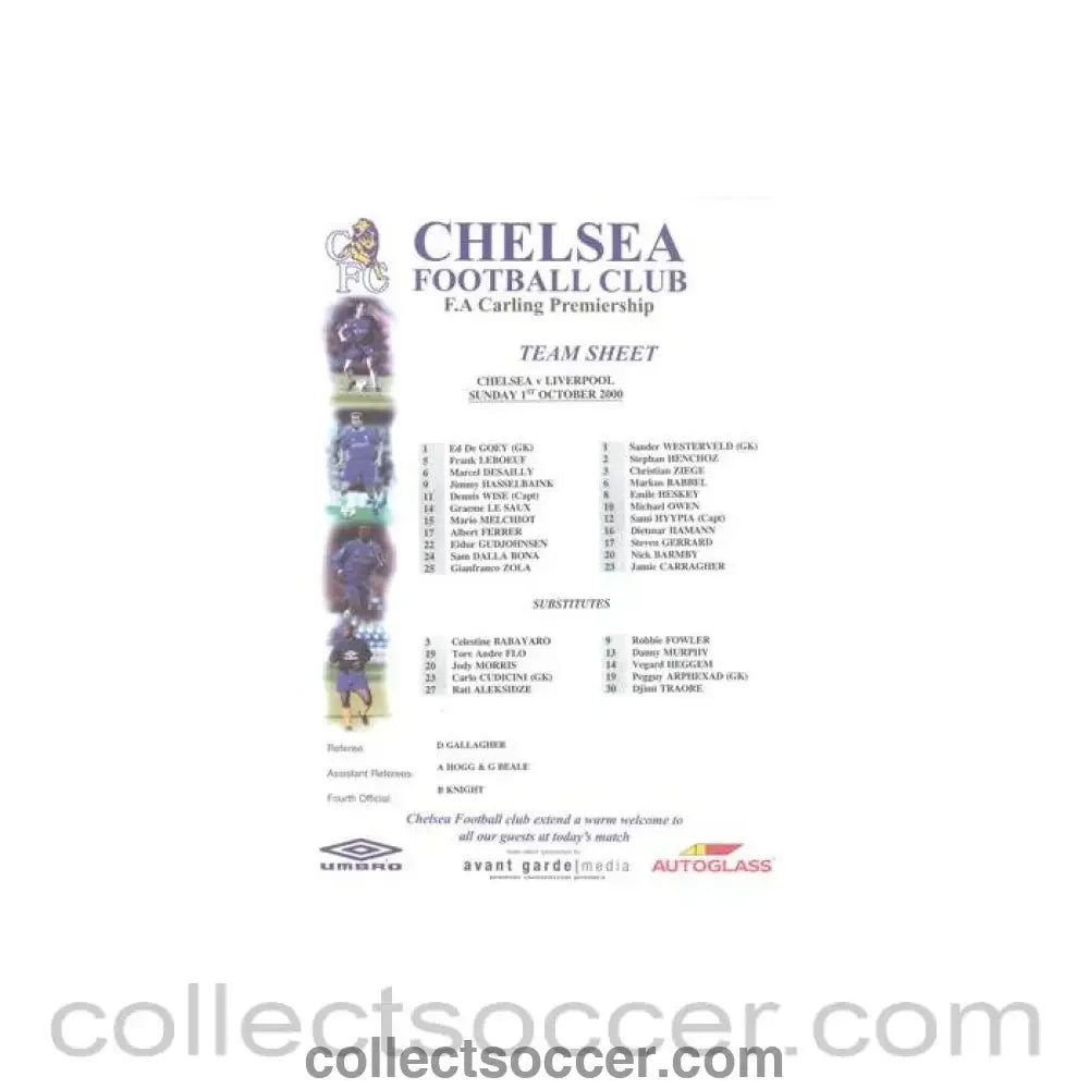 2000 - Chelsea v Liverpool official colour teamsheet 01/10/2000 Premier League