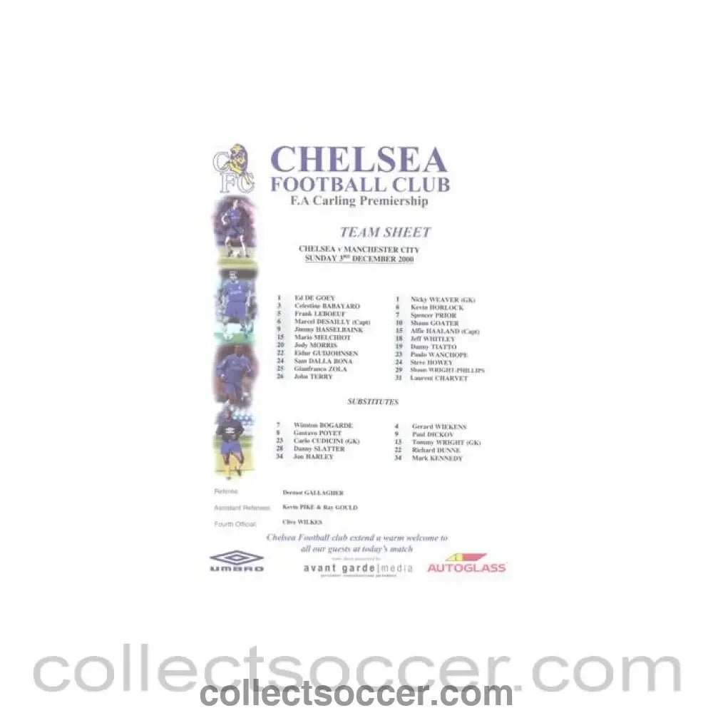 2000 - Chelsea v Manchester City official colour teamsheet 03/12/2000 Premier League - Collect Soccer