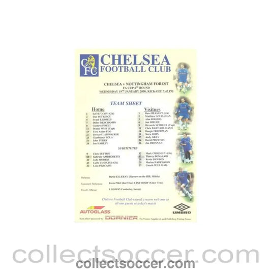 2000 - Chelsea v Nottingham Forest official colour teamsheet 19/01/2000 F.A. Cup