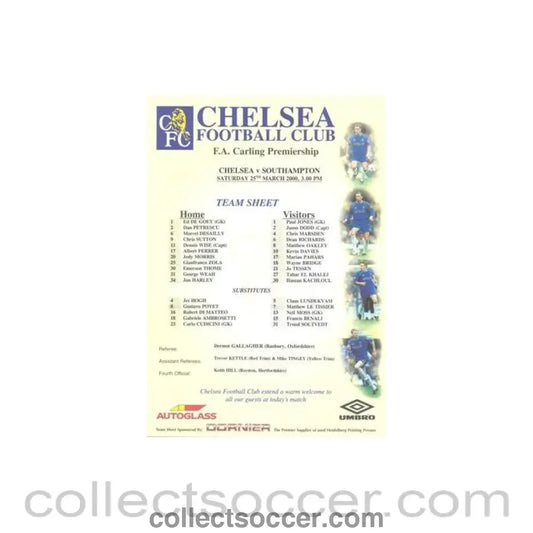 2000 - Chelsea v Southampton official colour teamsheet 25/03/2000 Premier League