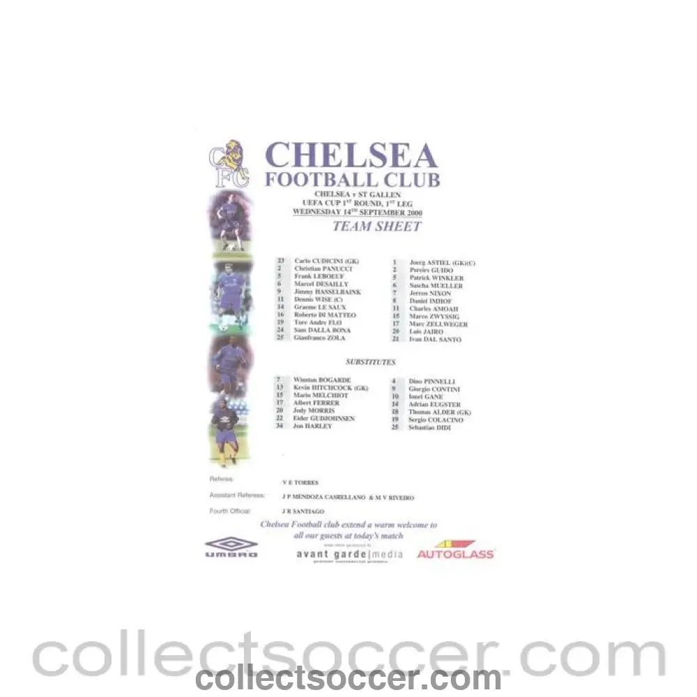 2000 - Chelsea v St. Gallen Switzerland official colour teamsheet 14/09/2000 UEFA Cup - Collect Soccer