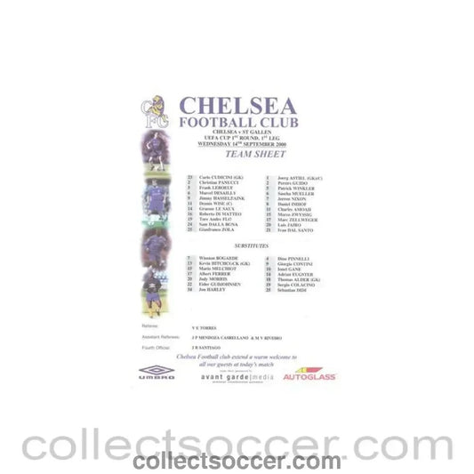 2000 - Chelsea v St. Gallen Switzerland official colour teamsheet 14/09/2000 UEFA Cup - Collect Soccer