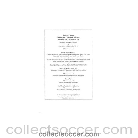 2000 - Chelsea v Tottenham Hotspur Bentley's menu 28/10/2000 - Collect Soccer
