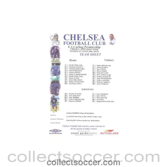 2000 - Chelsea v West Ham United official colour teamsheet 19/08/2000 Carling Premiership - Collect Soccer