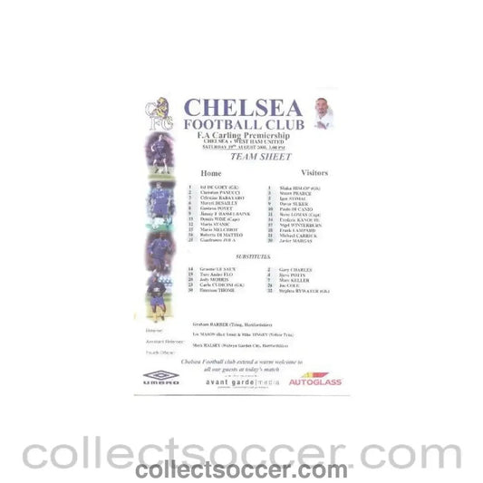 2000 - Chelsea v West Ham United official colour teamsheet 19/08/2000 F.A .Carling Ptremiership - Collect Soccer