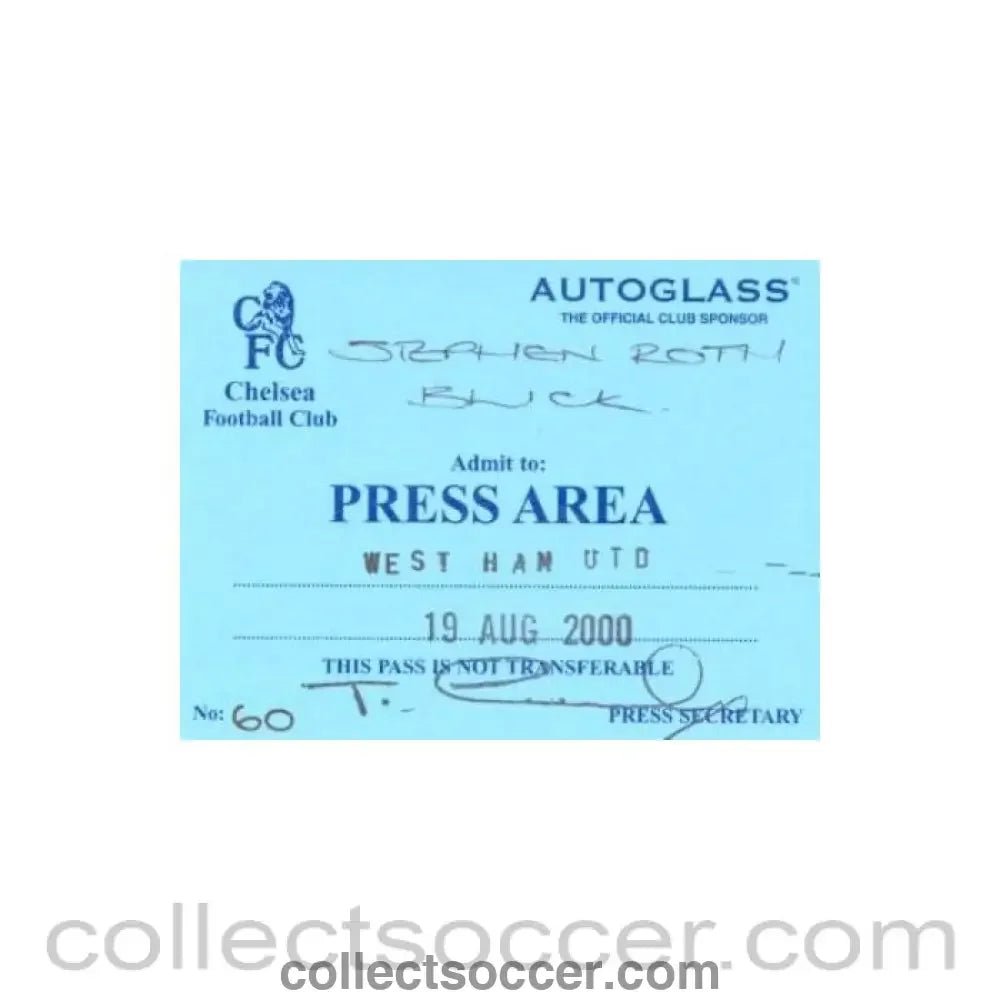 2000 - Chelsea v West Ham United press pass 19/08/2000 - Collect Soccer