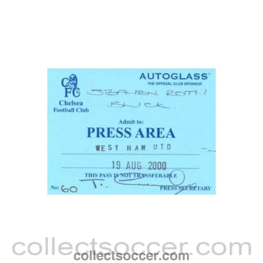2000 - Chelsea v West Ham United press pass 19/08/2000