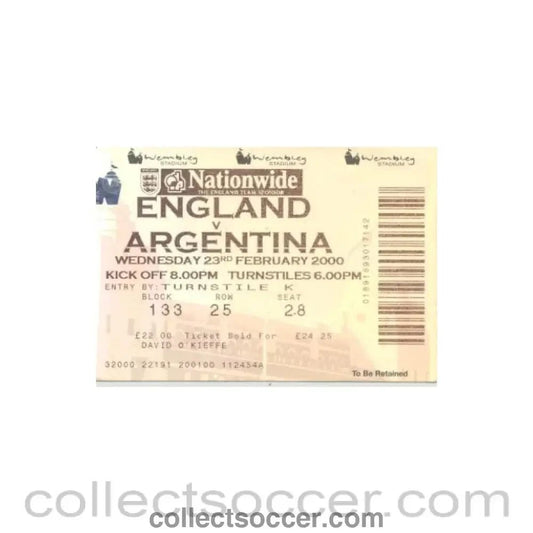 2000 - England v Argentina ticket 23/02/2000 - Collect Soccer