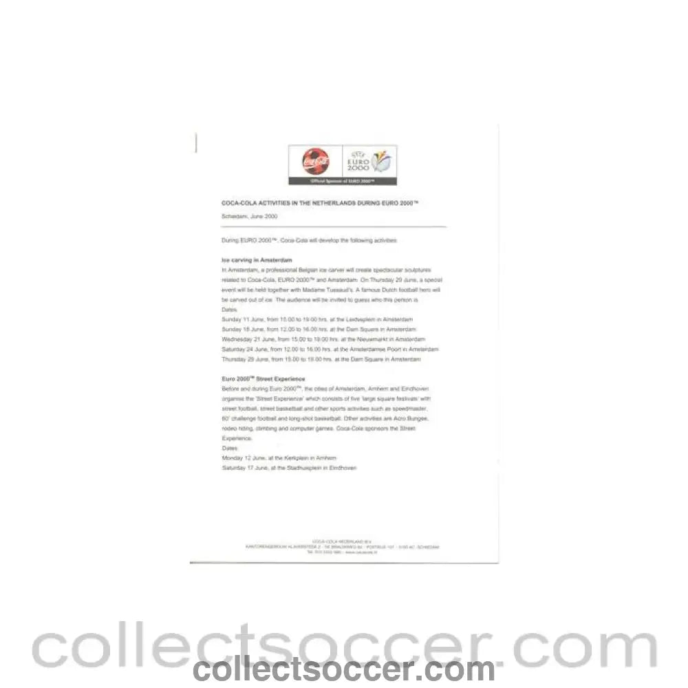 2000 - Euro 2000 - Coca Cola Activities Press Release - Collect Soccer