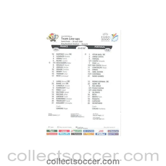 2000 - Euro 2000 - France v Portugal 28/06/2000 Teamsheet - Collect Soccer