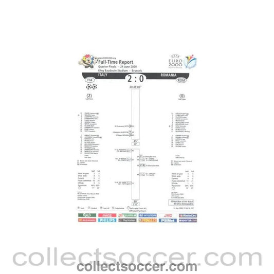 2000 - Euro 2000 - Italy v Rumania 24/06/2000 Full Time Report - Collect Soccer