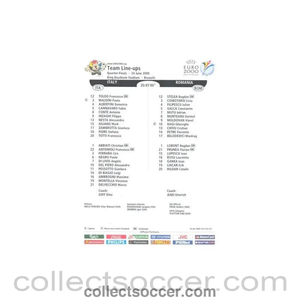 2000 - Euro 2000 - Italy v Rumania 24/06/2000 Teamsheet - Collect Soccer