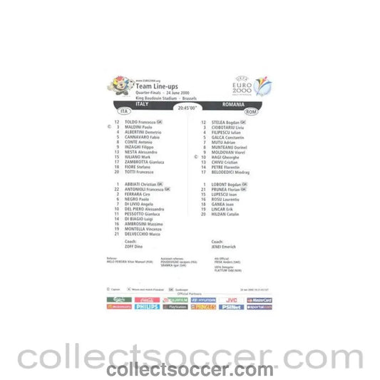 2000 - Euro 2000 - Italy v Rumania 24/06/2000 Teamsheet - Collect Soccer