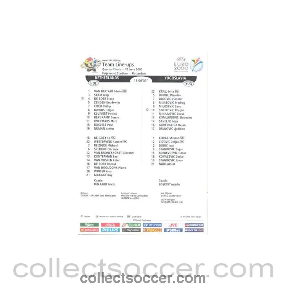 2000 - Euro 2000 - Netherlands v Yugoslavia 25/06/2000 official colour teamsheet - Collect Soccer