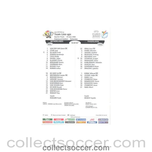 2000 - Euro 2000 - Netherlands v Yugoslavia 25/06/2000 official colour teamsheet - Collect Soccer