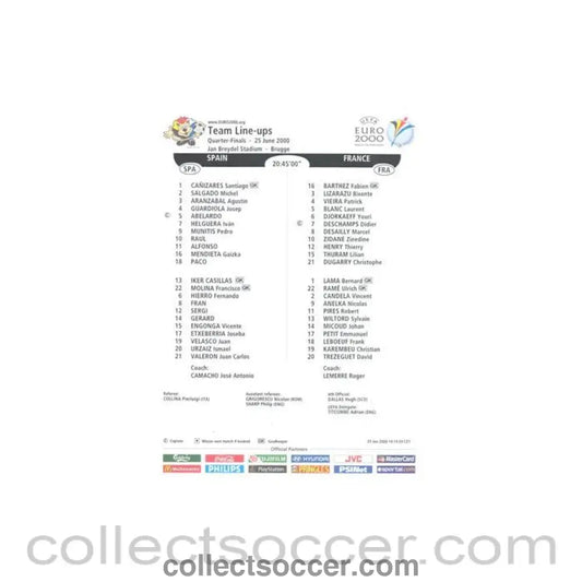 2000 - Euro 2000 - Spain v France 25/06/2000 Teamsheet - Collect Soccer