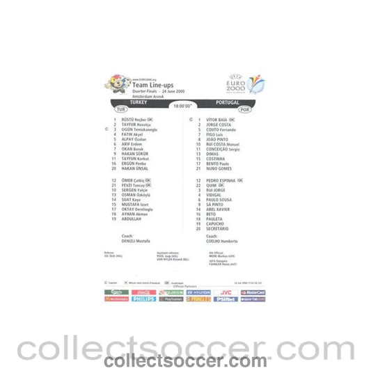 2000 - Euro 2000 - Turkey v Portugal 24/06/2000 Teamsheet - Collect Soccer
